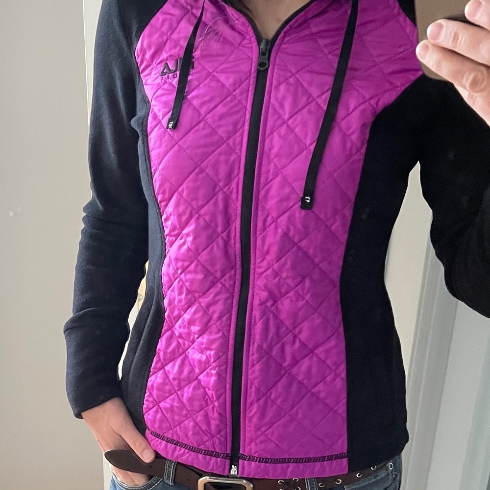 FILA black polar fleece quilted magenta pink front zipper hoodie jacket, size XS